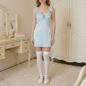 Pastel Blue Satin Coquette Mini Dress | Ruffle Rosette Babydoll Y2K Fairycore S